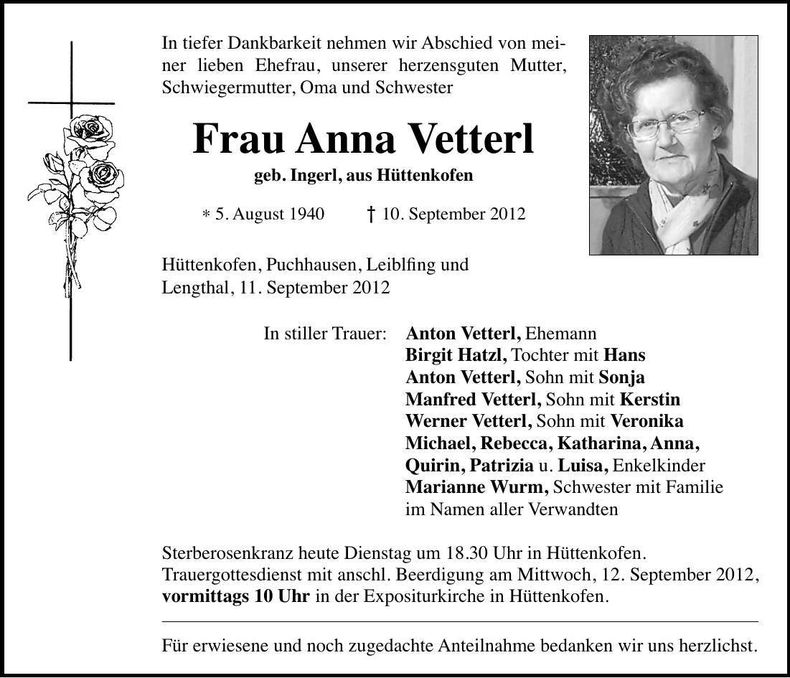 Traueranzeige Anna Vetterl
