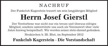 Traueranzeige Josef Gierstl