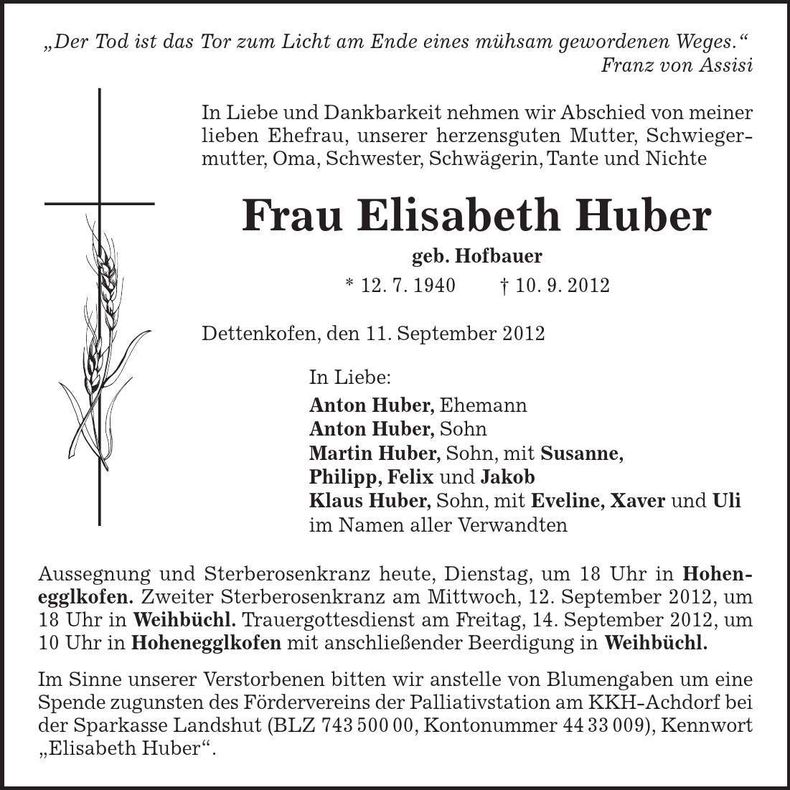 Traueranzeige Elisabeth Huber