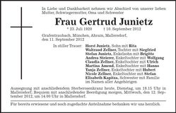Traueranzeige Gertrud Junietz