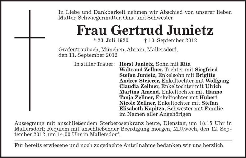 Traueranzeige Gertrud Junietz