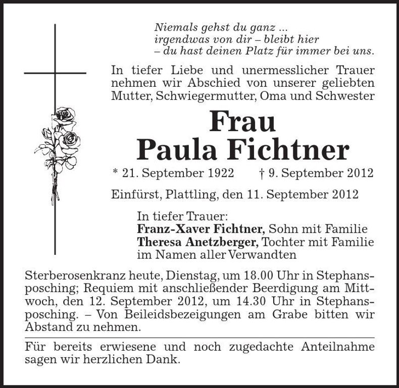 Traueranzeige Paula Fichtner