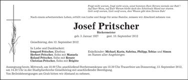 Traueranzeige Josef Pritscher