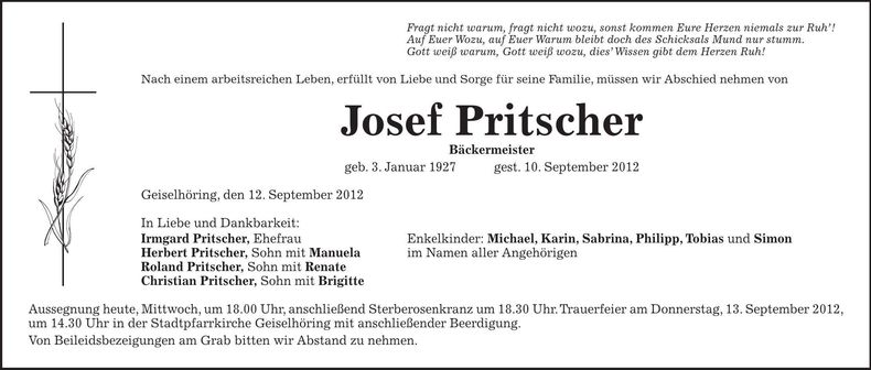 Traueranzeige Josef Pritscher