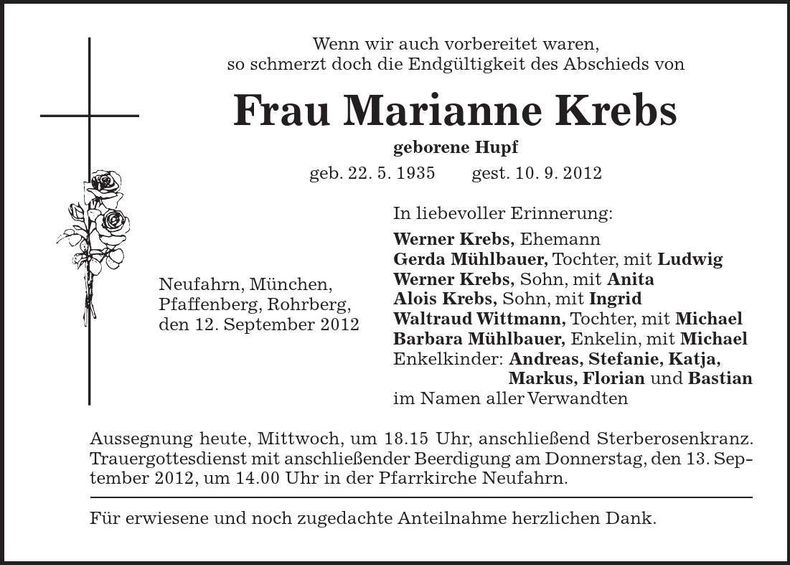 Traueranzeige Marianne Krebs