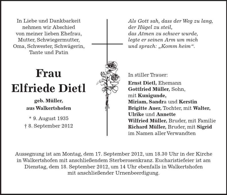 Traueranzeige Elfriede Dietl