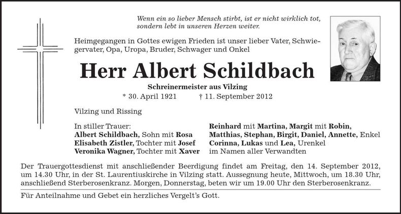 Traueranzeige Albert Schildbach