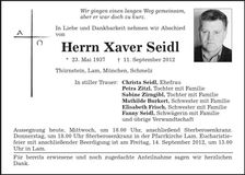 Traueranzeige Xaver Seidl