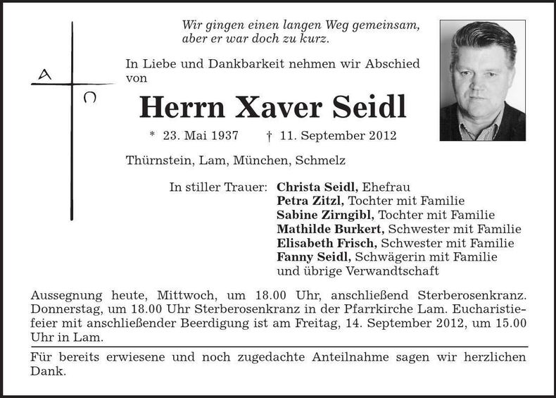 Traueranzeige Xaver Seidl