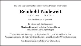 Traueranzeige Reinhold Pauleweit