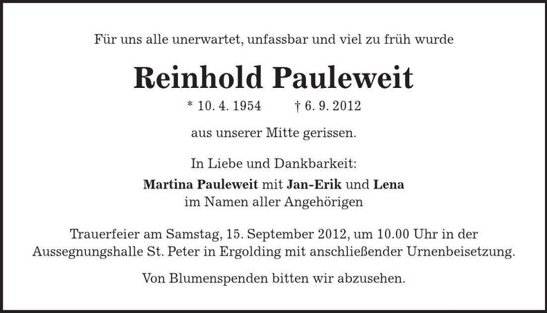 Traueranzeige Reinhold Pauleweit