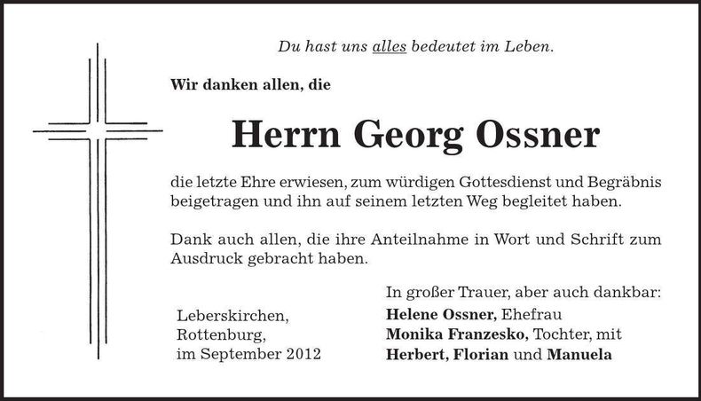 Traueranzeige Georg Ossner