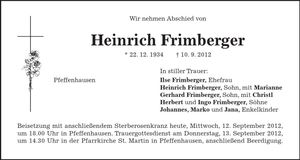 Traueranzeige Heinrich Frimberger