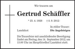 Traueranzeige Gertrud Schäffler