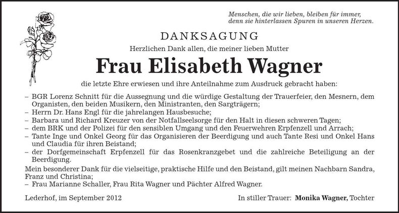 Traueranzeige Elisabeth Wagner