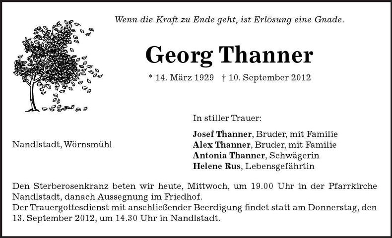 Traueranzeige Georg Thanner