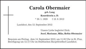 Traueranzeige Carola Obermaier