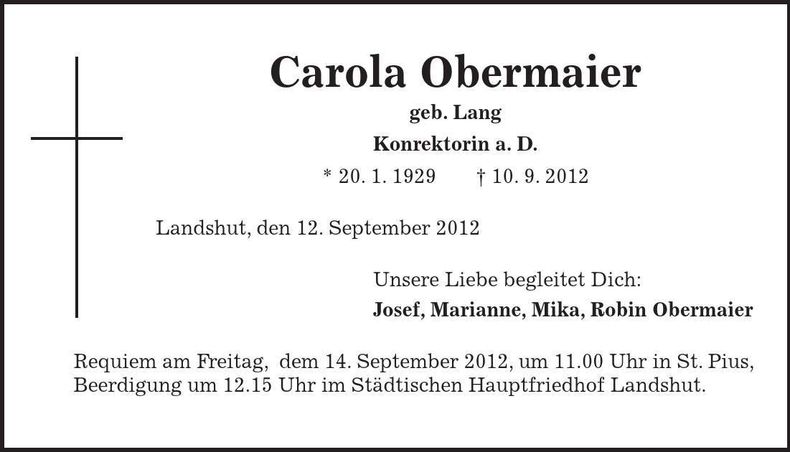 Traueranzeige Carola Obermaier