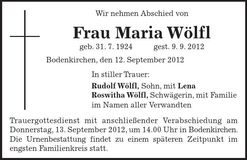 Traueranzeige Maria Wölfl