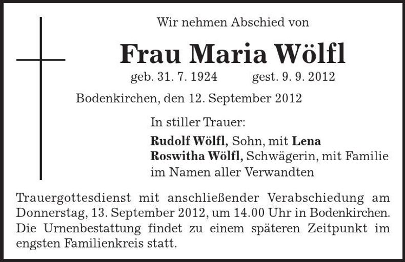 Traueranzeige Maria Wölfl