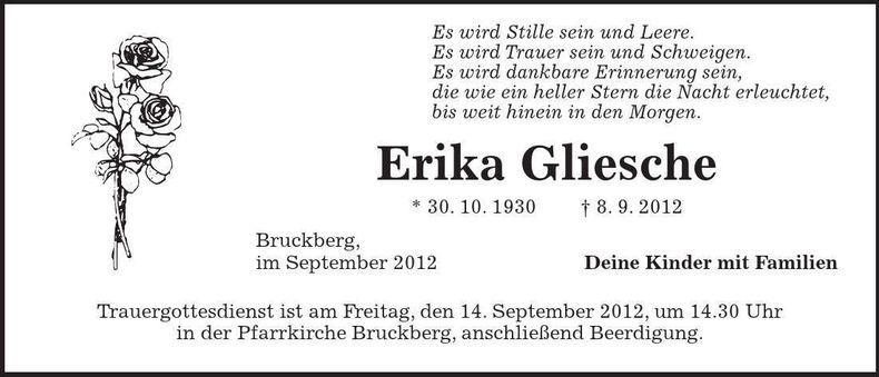 Traueranzeige Erika Gliesche
