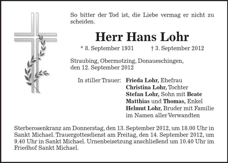 Traueranzeige Hans Lohr