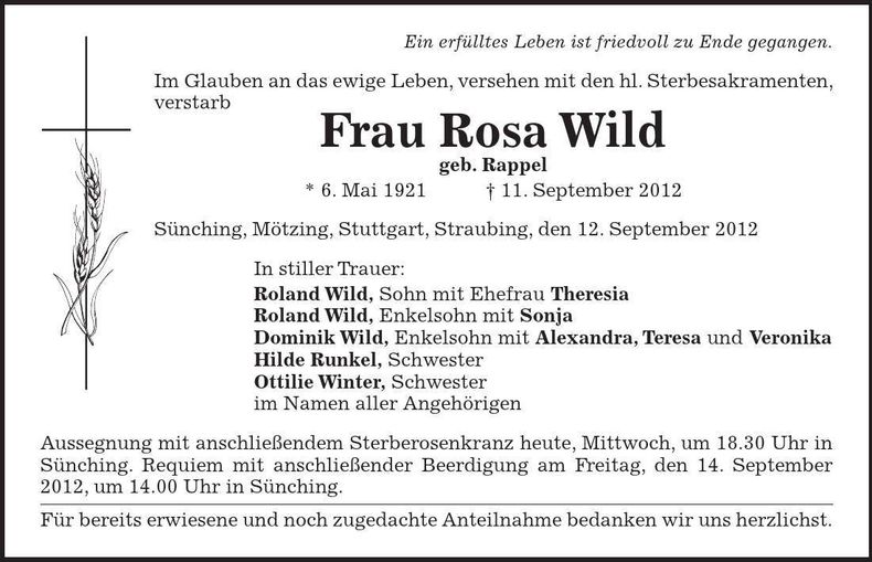 Traueranzeige Rosa Wild
