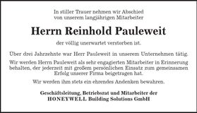 Traueranzeige Reinhold Pauleweit