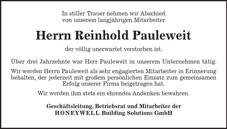 Traueranzeige Reinhold Pauleweit