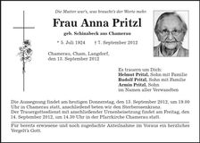 Traueranzeige Anna Pritzl