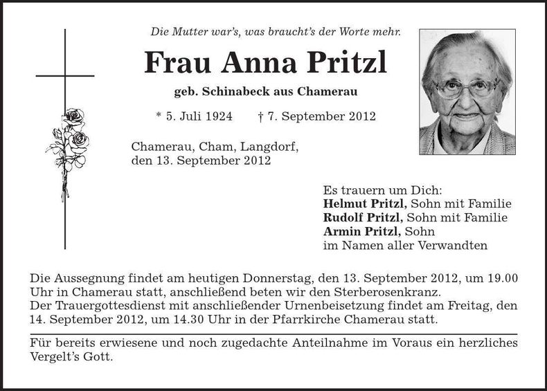 Traueranzeige Anna Pritzl