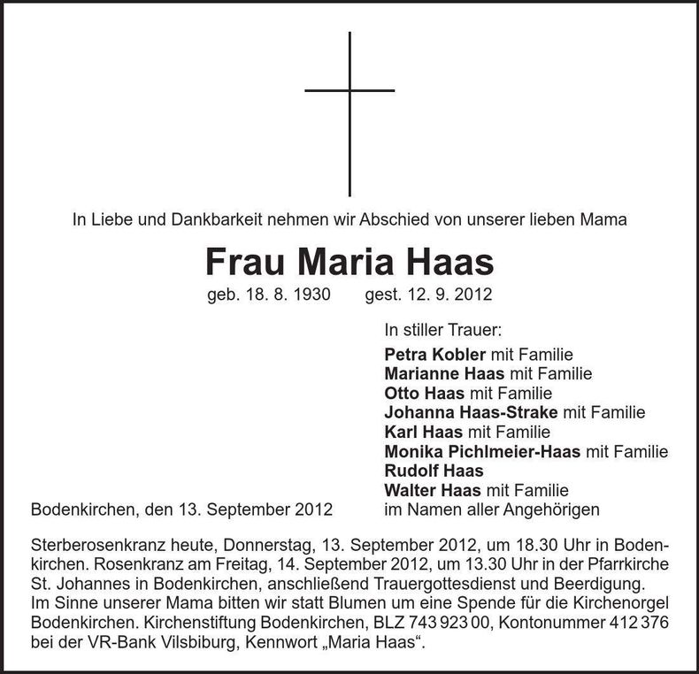 Traueranzeige Mara Haas