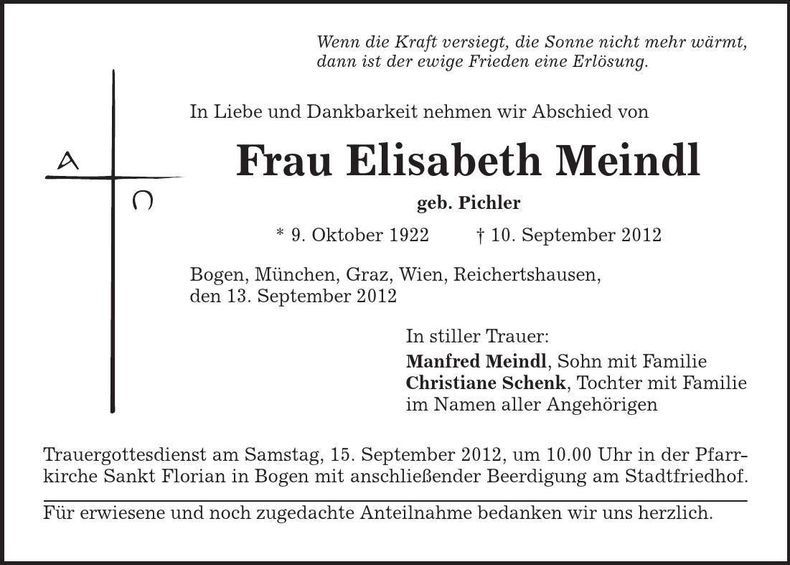 Traueranzeige Elisabeth Meindl
