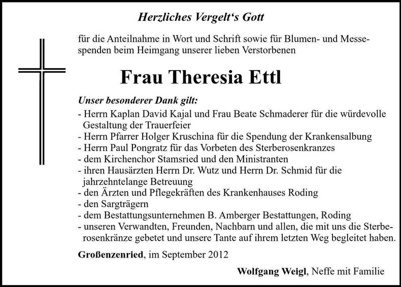 Traueranzeige Theresia Ettl