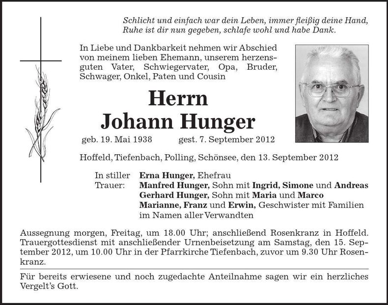 Traueranzeige Johann Hunger