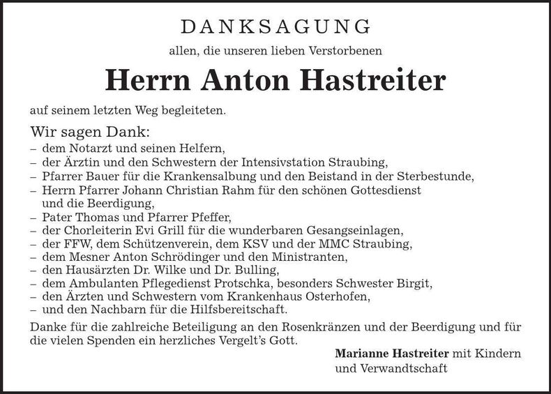 Traueranzeige Anton Hastreiter
