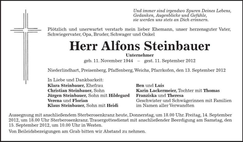 Traueranzeige Alfons Steinbauer