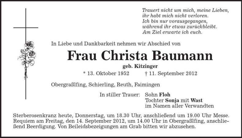 Traueranzeige Christa Baumann