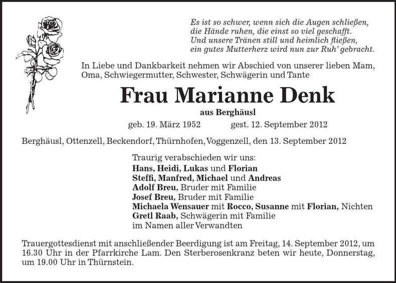 Traueranzeige Marianne Denk