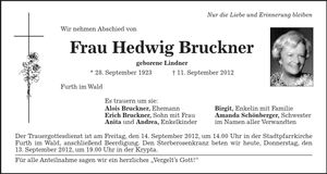 Traueranzeige Hedwig Bruckner