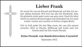 Traueranzeige Frank Feiner