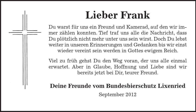 Traueranzeige Frank Feiner