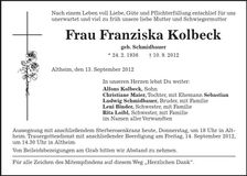 Traueranzeige Franziska Kolbeck