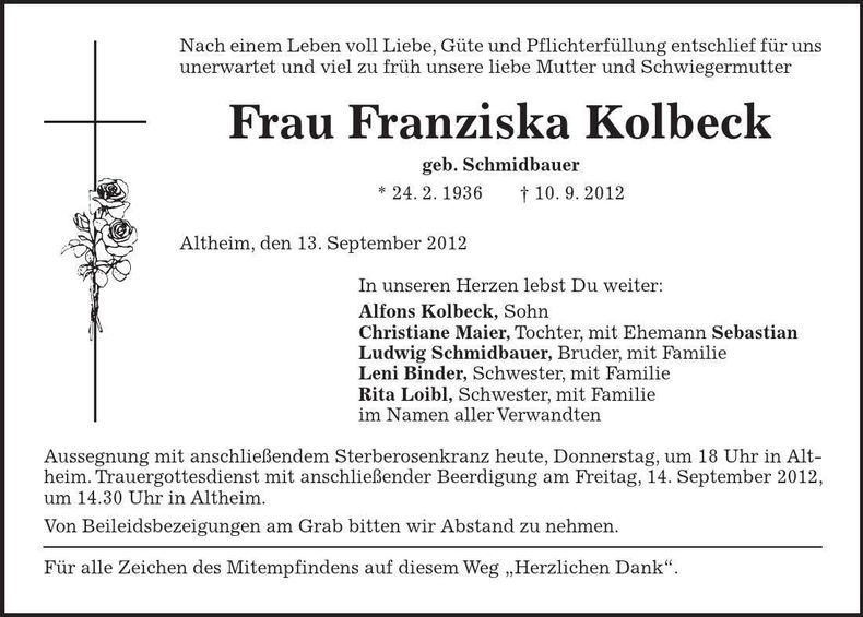 Traueranzeige Franziska Kolbeck