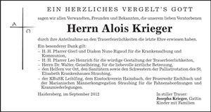 Traueranzeige Alois Krieger