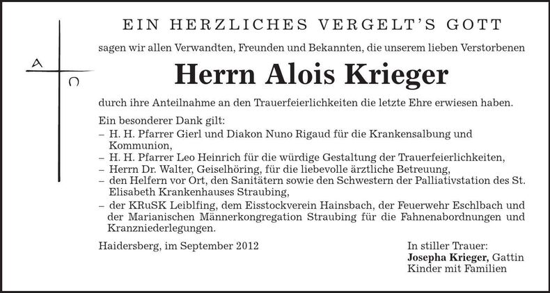 Traueranzeige Alois Krieger