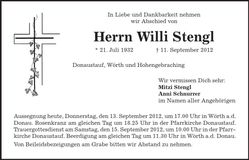 Traueranzeige Willi Stengl