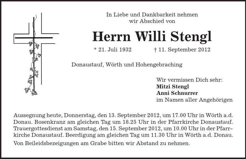 Traueranzeige Willi Stengl