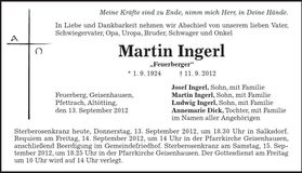 Traueranzeige Martin Ingerl