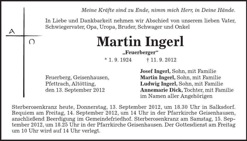 Traueranzeige Martin Ingerl